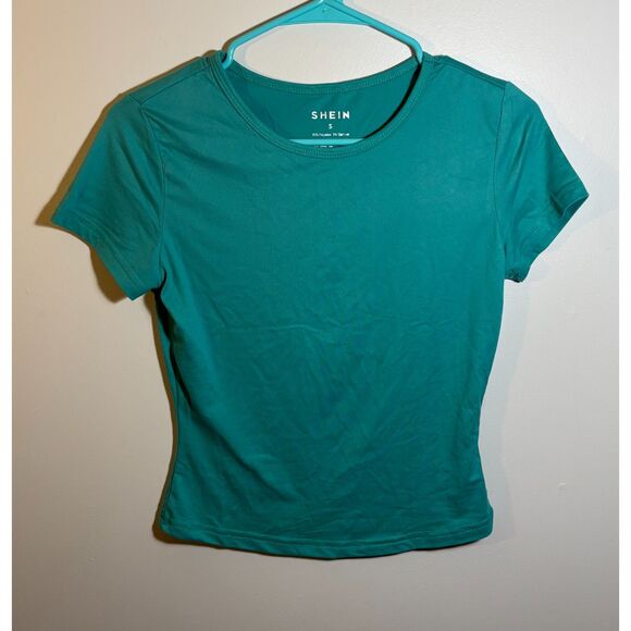 Shein Women’s Fitted T-Shirt Small Teal Green Short Sleeve Stretchy Basic Top - Picture 2 of 3